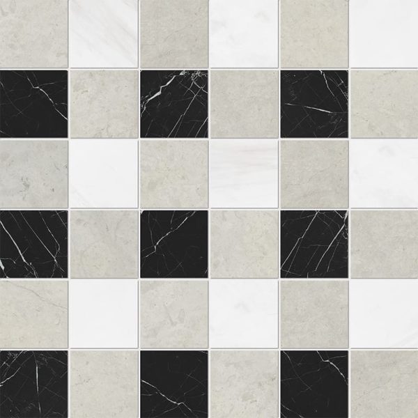 Petite Chester Britannia Light, Snow White, Black Honed 2x2 Marble Mosaic 