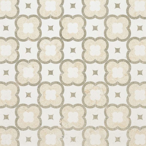 champagne, seashell, olive green multi finish damascus limestone mosaic