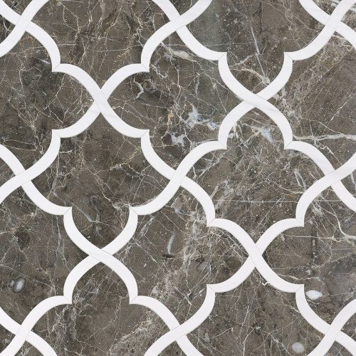 arctic gray, snow white honed gaia marble mosaic