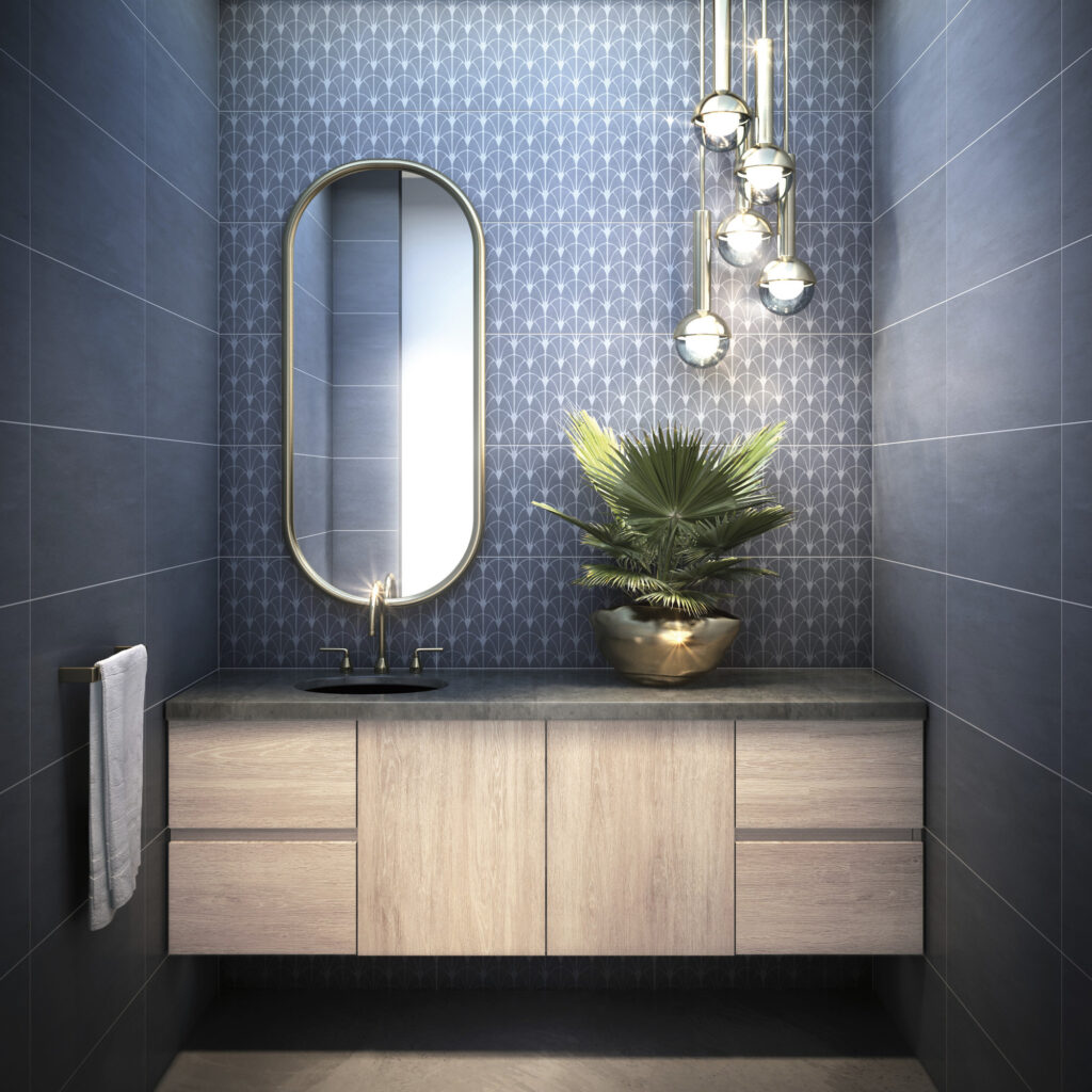 Wavy blue tile with flowing seaweed-inspired lines for a coastal American touch.