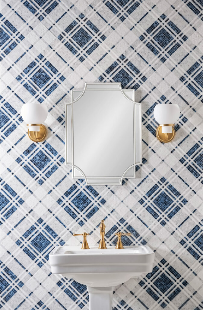 Blue and white plaid tile in mosaic glass with Colonial-era style.