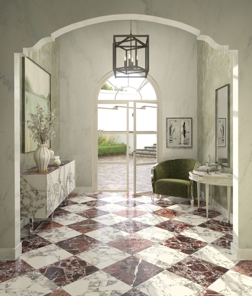 Checkerboard tile in rich marble shades of burgundy and cream.