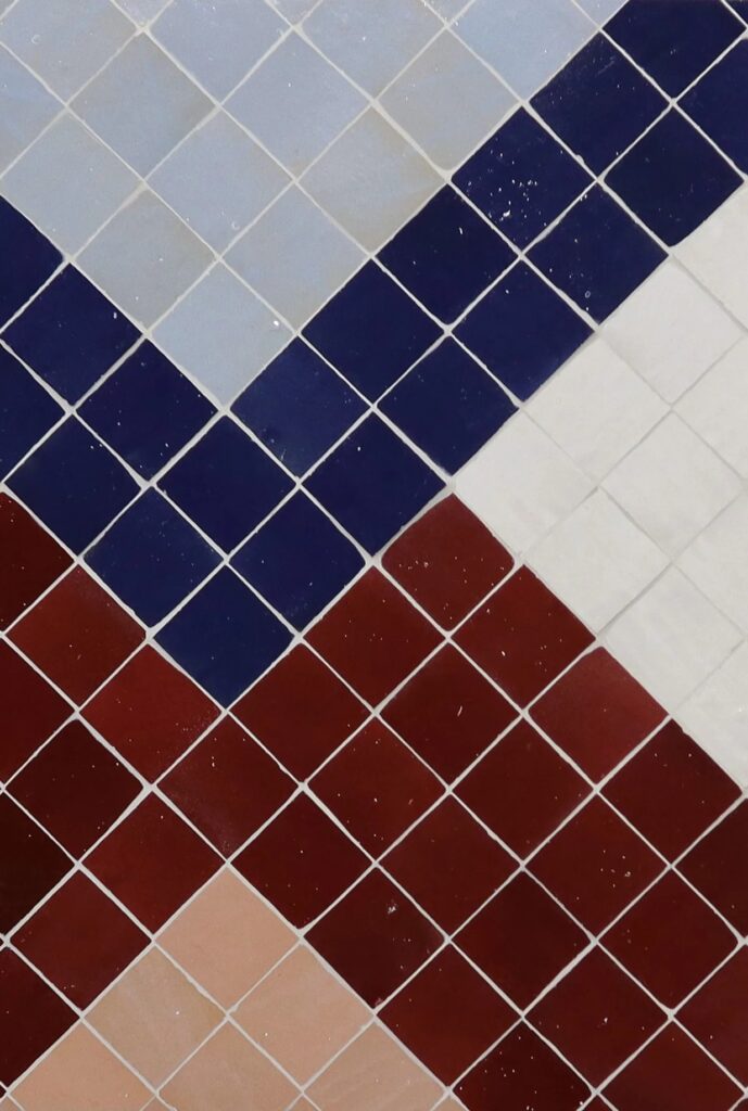 Linear Zellige tile mix in red, white, and blue stripes.