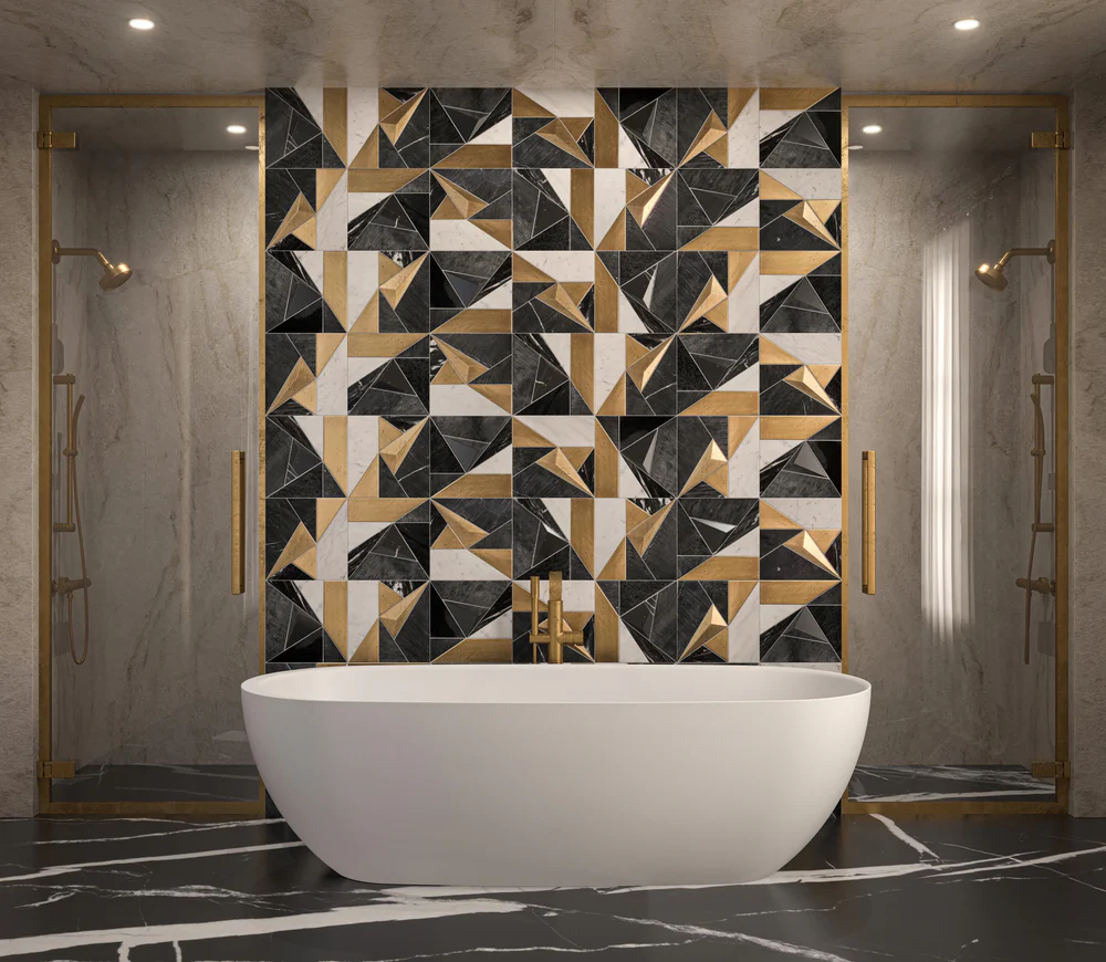 Accent wall in black, white, and gold geometric mosaic tile.