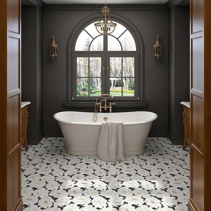 Luxury bathroom with freestanding tub and floral patterned mosaic tile flooring