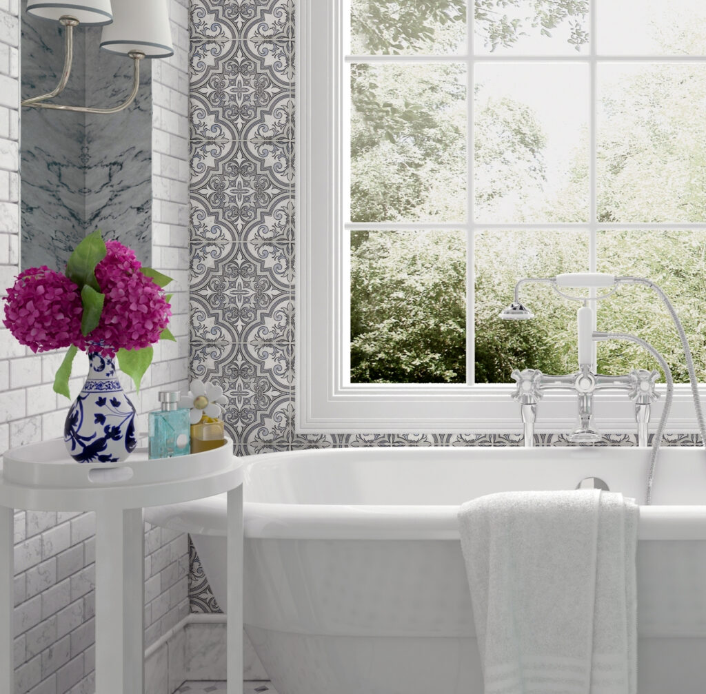 Bathroom accent wall with patterned Carrara marble tiles