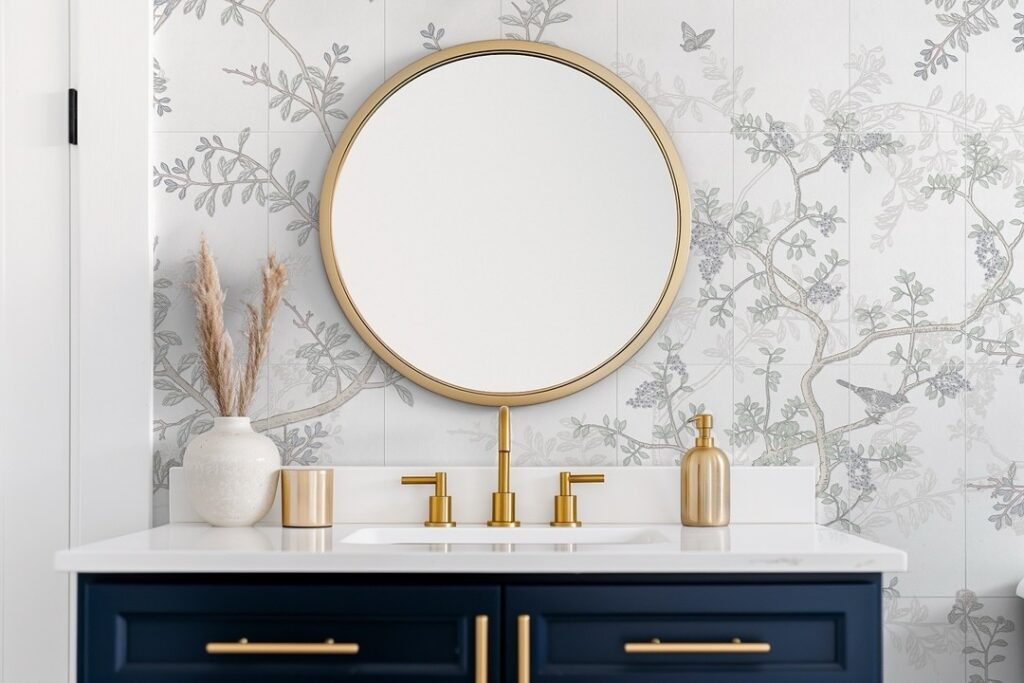 Accent wall with floral-inspired mosaic tile in soft tones