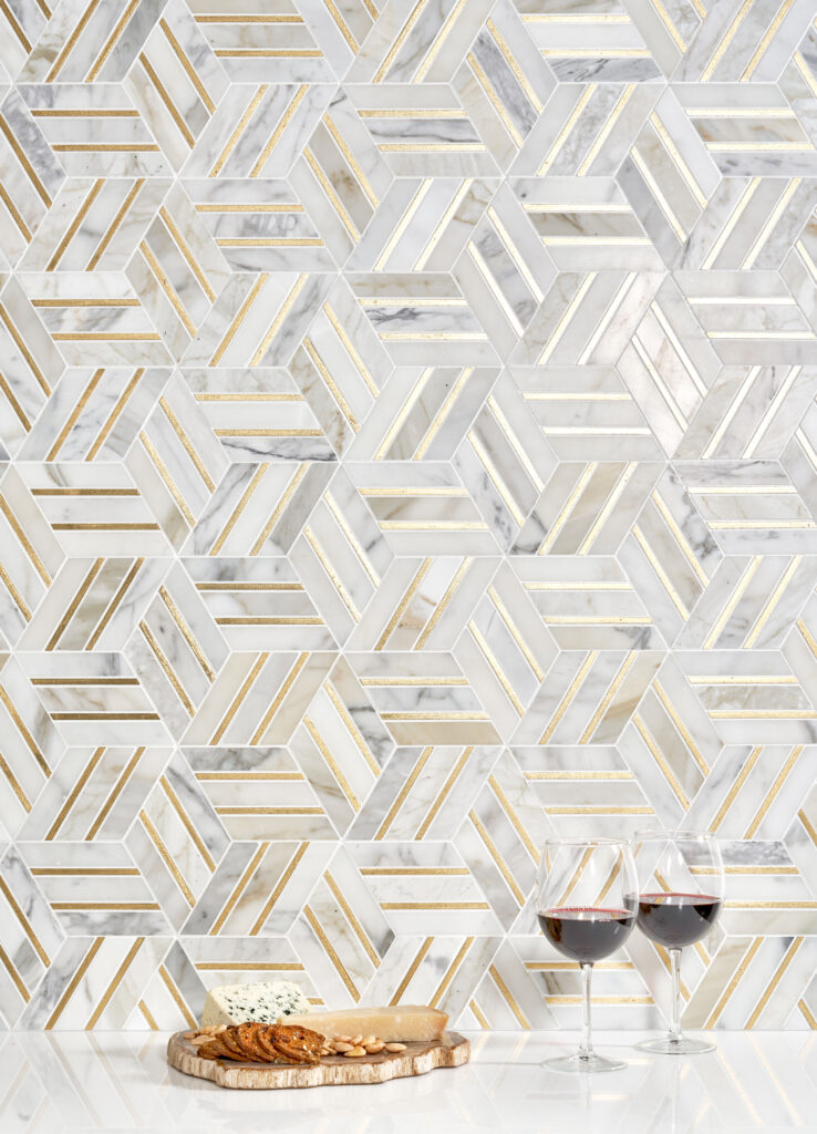 akdo luminous shine calacatta gold bar backsplash idea