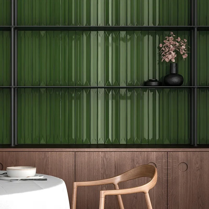 MIR Mosaic Flatiron Deco Forest vertical green tile wall installation