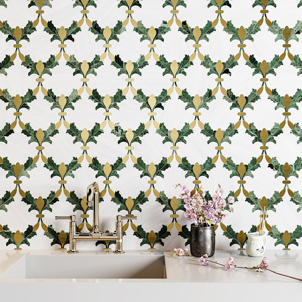Marble Systems Tia Arabesque mosaic tile in green and gold with brass fixture
