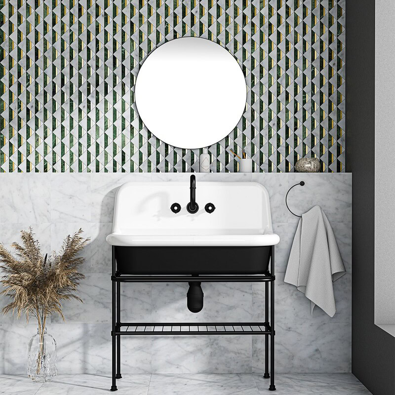 Marble Systems White Carrara Brass Verde Tia Honed Angela waterjet tile in green and gold