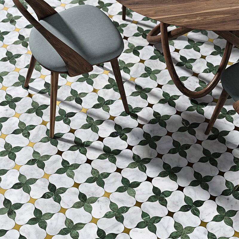 Marble Systems White Carrara Brass Verde Tia Honed Lily marble mosaic in green and gold
