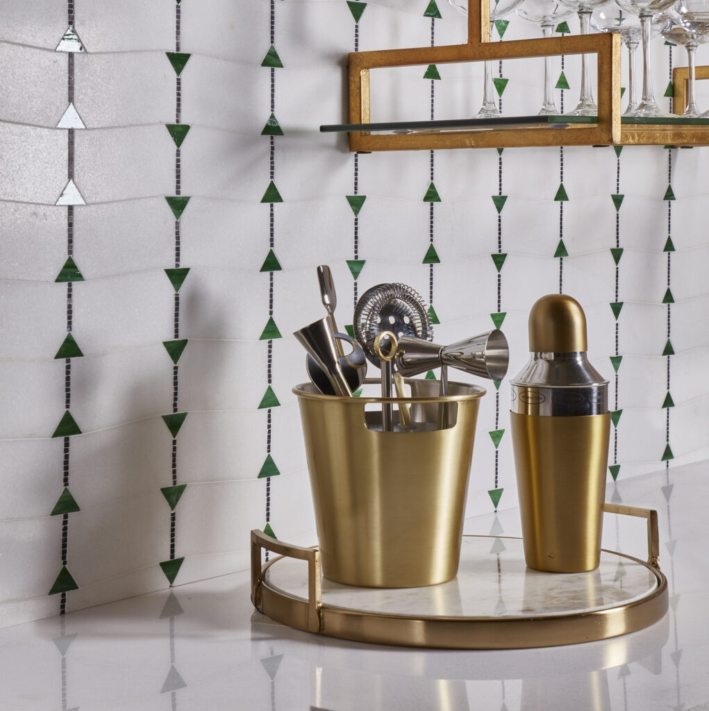 AKDO Essence Harmony Emerald Thassos mosaic tile in a green tile design with gold accents