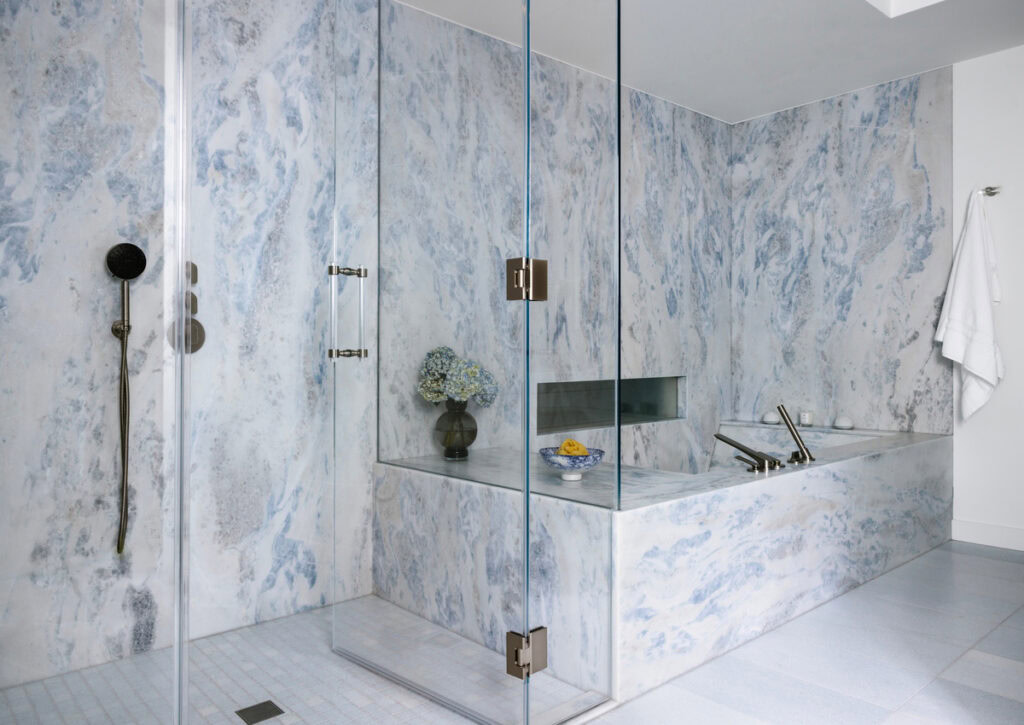 artistic tile blue marble tile slab shower